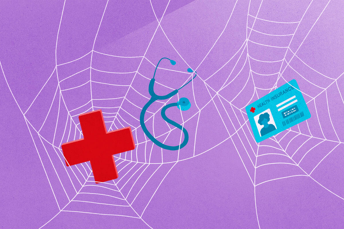 spider web with red cross, stethoscope, and insurance card caught in it.