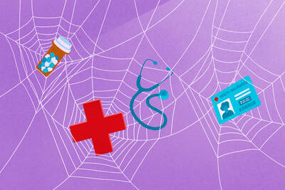 spider web with stethoscope, insurance card, prescription pill bottle, and red cross