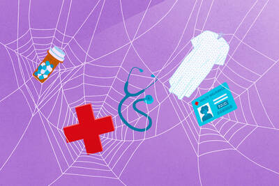 Spider webs with red cross, prescription pill bottle, stethoscope, insurance card, and hospital gown.