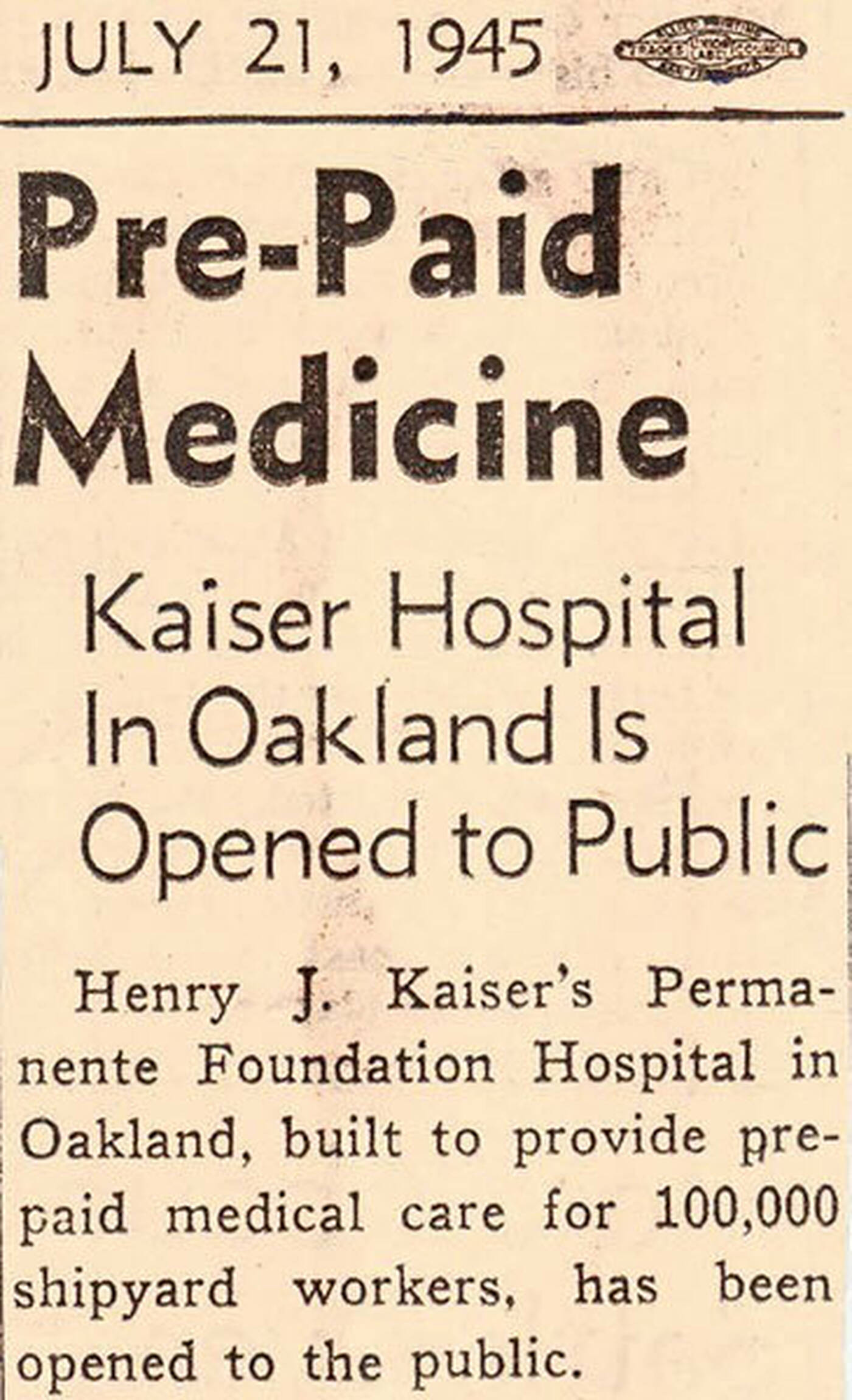 1945 newspaper clip announcing health insurance plan