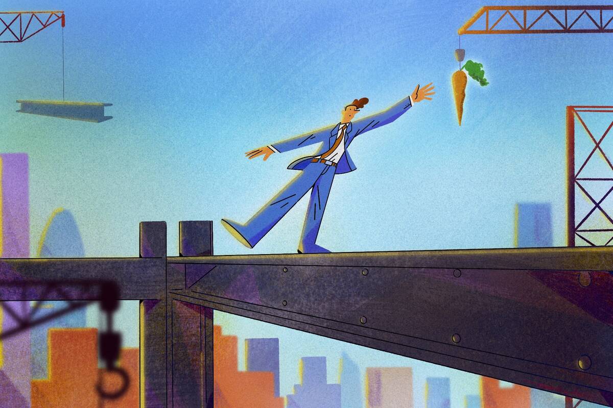 man on girder of under-construction skyscraper reaching for dangling carrot