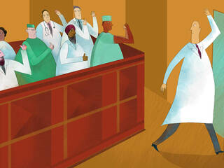 doctor leaving courtroom waving at jury of fellow doctors.