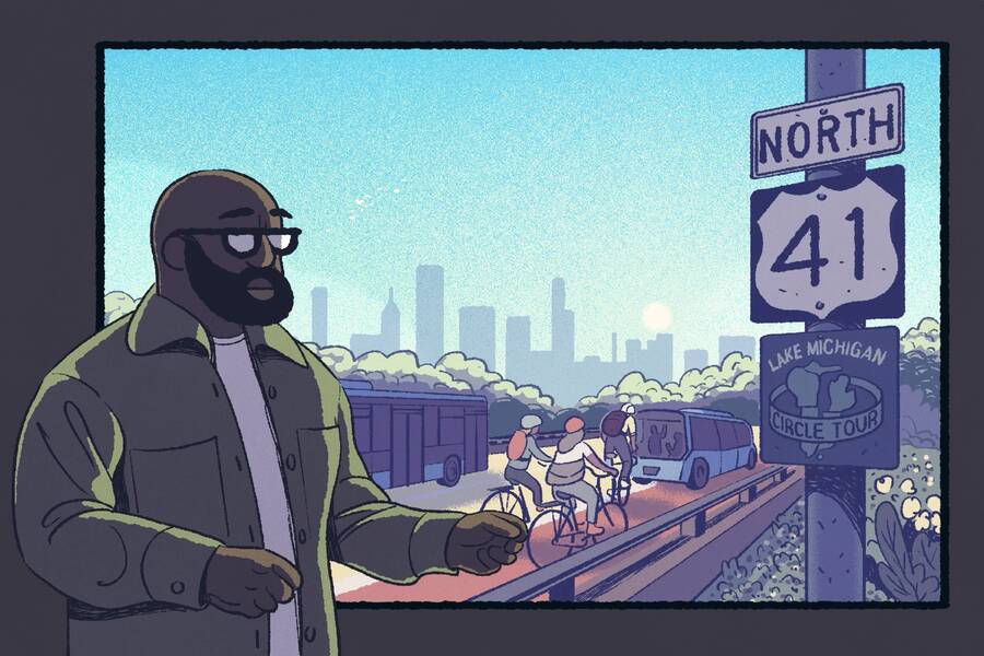 person giving powerpoint presentation showing green roadway with cyclists and bus