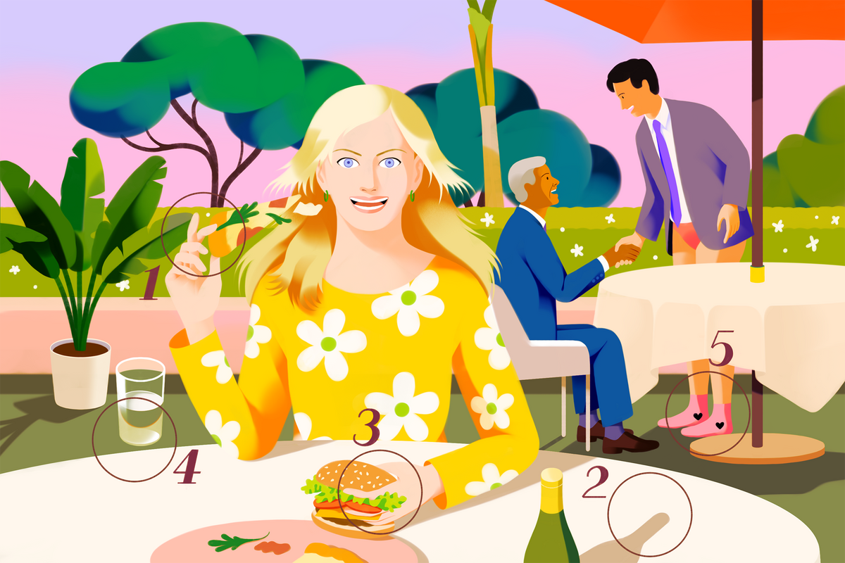 woman eating burger and pizza with other AI artifacts and implausibilities.