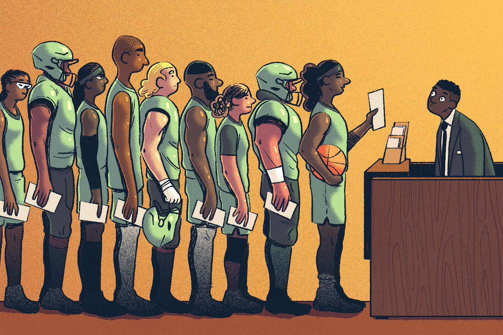 college basketball and football players stand in line at a bank holding paychecks