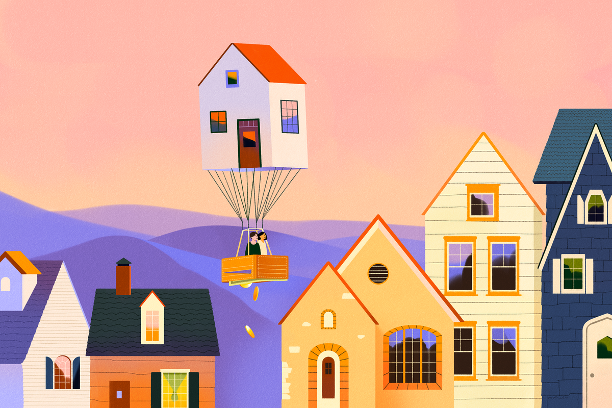 a house as hot air balloon with the basket as a wallet spilling coins and cash, floating above a neighborhood.