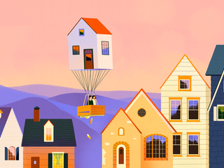 a house as hot air balloon with the basket as a wallet spilling coins and cash, floating above a neighborhood.