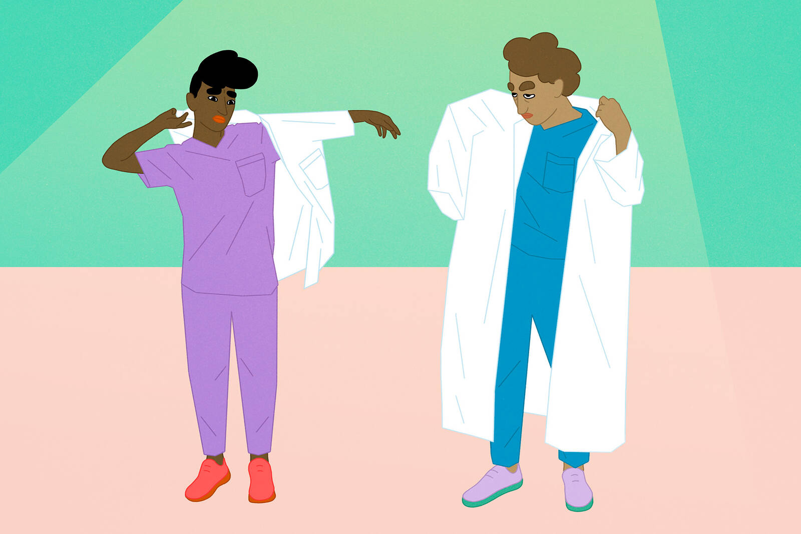 two medical students try on lab coats. one is too big and the other too small.