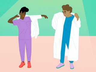 two medical students try on lab coats. one is too big and the other too small.