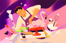 a baker makes a flamingo-shaped cake while Etsy orders roll in on his phone