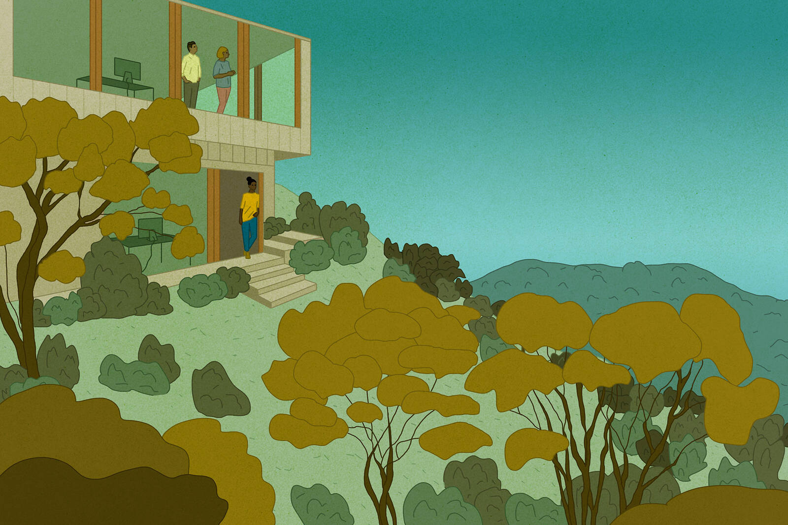 people stand in the window and doorway of an office overlooking a forest.