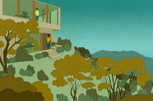 people stand in the window and doorway of an office overlooking a forest.