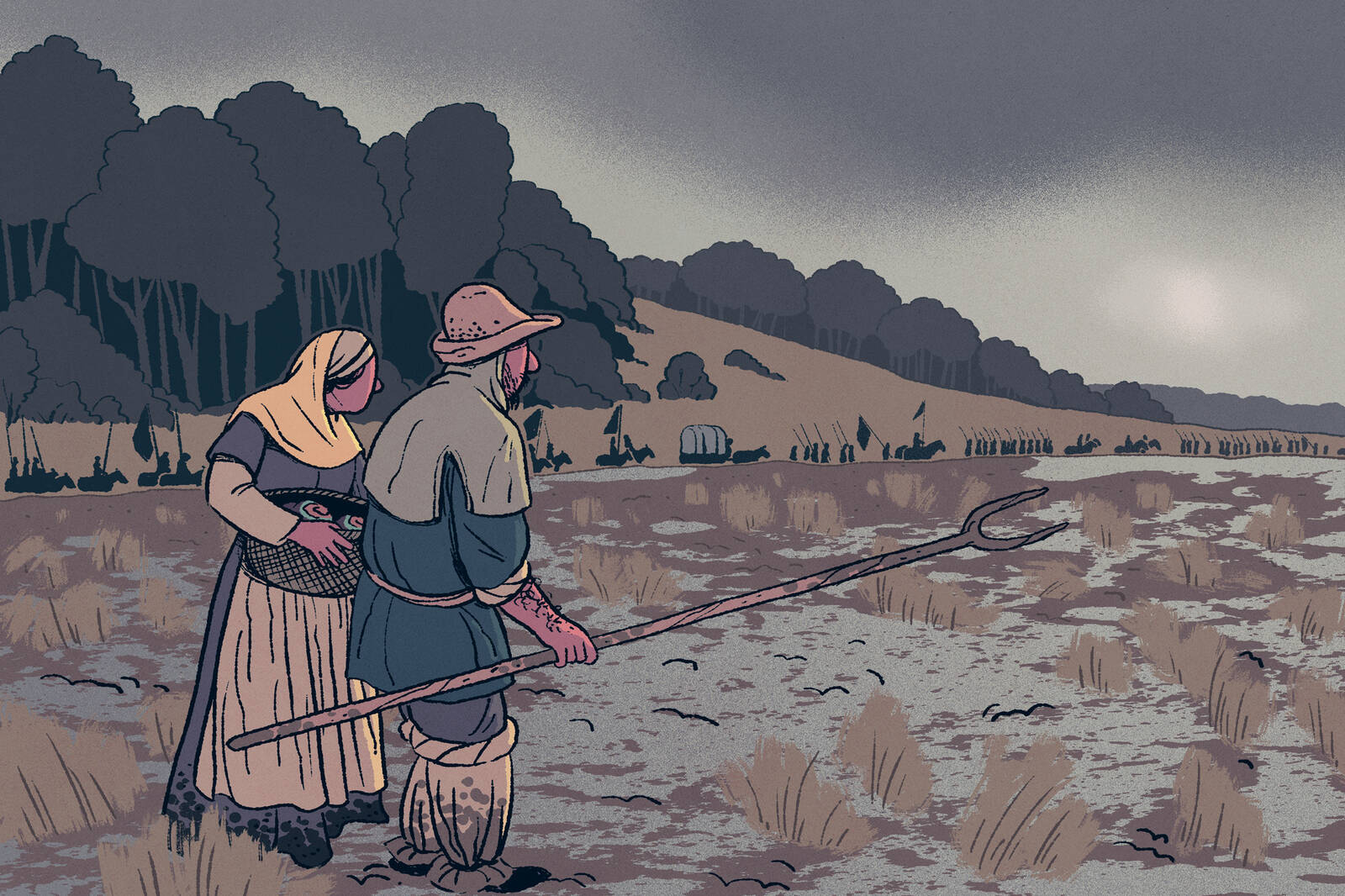 medieval farmers in a failing field watch an army march past.