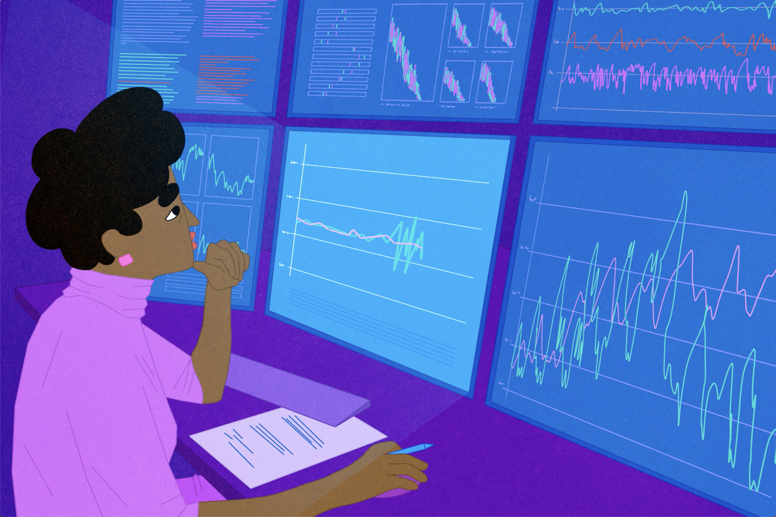 analyst sitting at desk watching stock volatility index