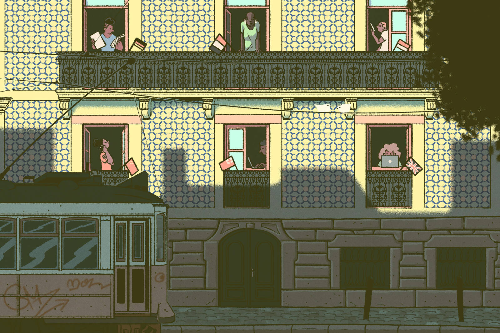 Illustration of Lisbon, Portugal apartment building with people of different nationalities in each of its six windows.