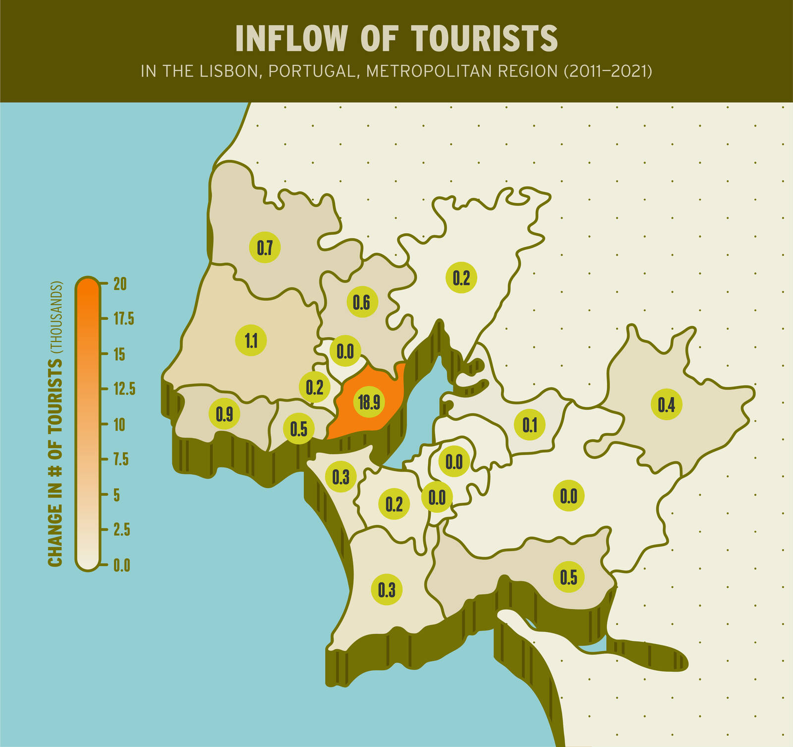 Infographic showing the inflow of tourists in regions of metropolitan Lisbon, Portugual, from 2011-2021.