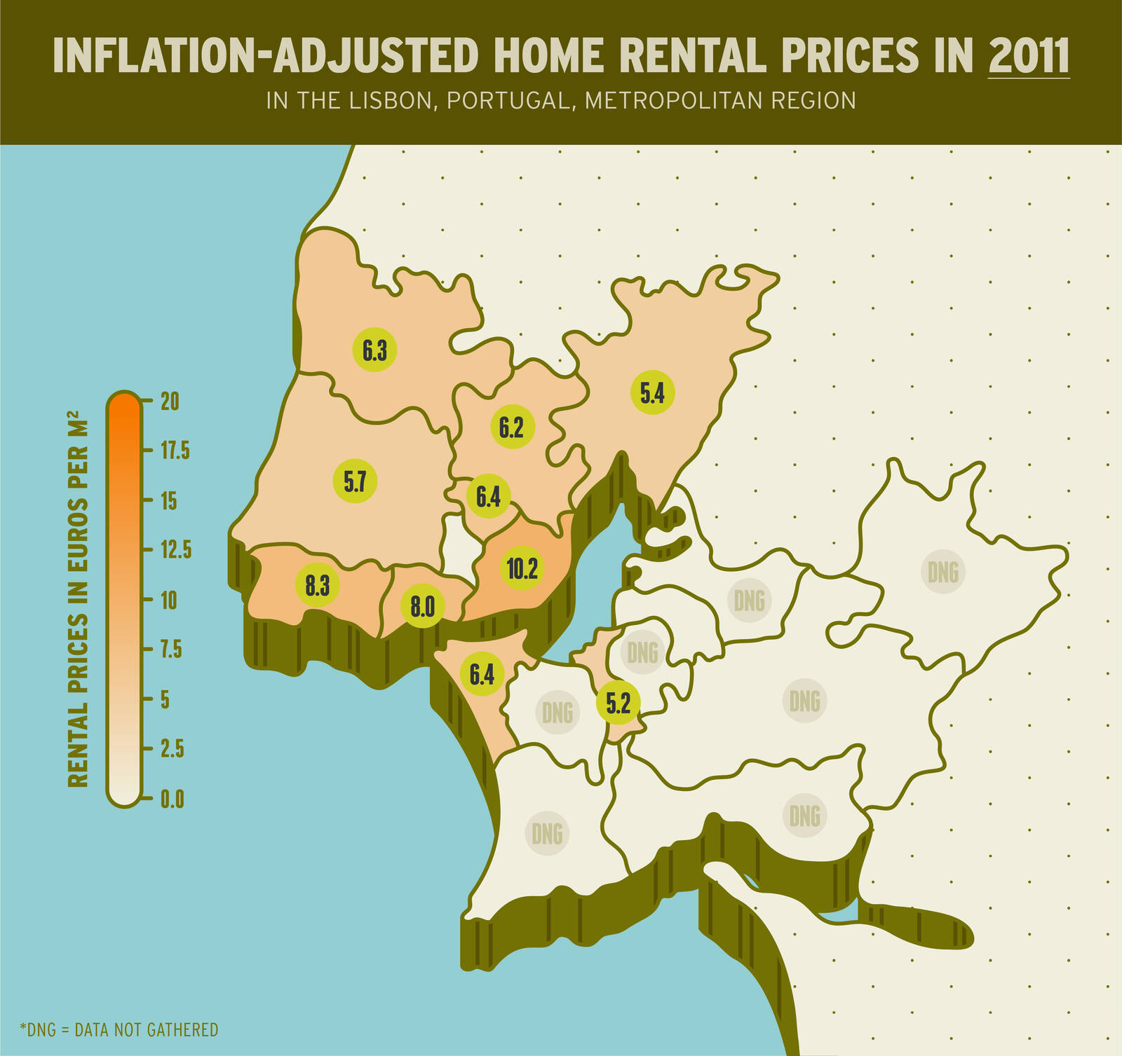 Infographic showing the inflation-adjusted cost per square meter of rental properties in regions of metropolitan Lisbon, Portugual, in 2011.