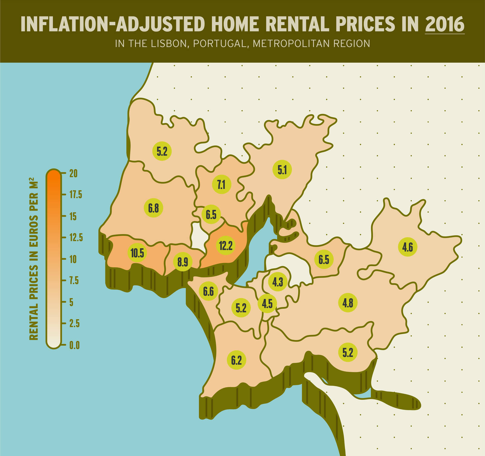 Infographic showing the inflation-adjusted cost per square meter of rental properties in regions of metropolitan Lisbon, Portugual, in 2016.