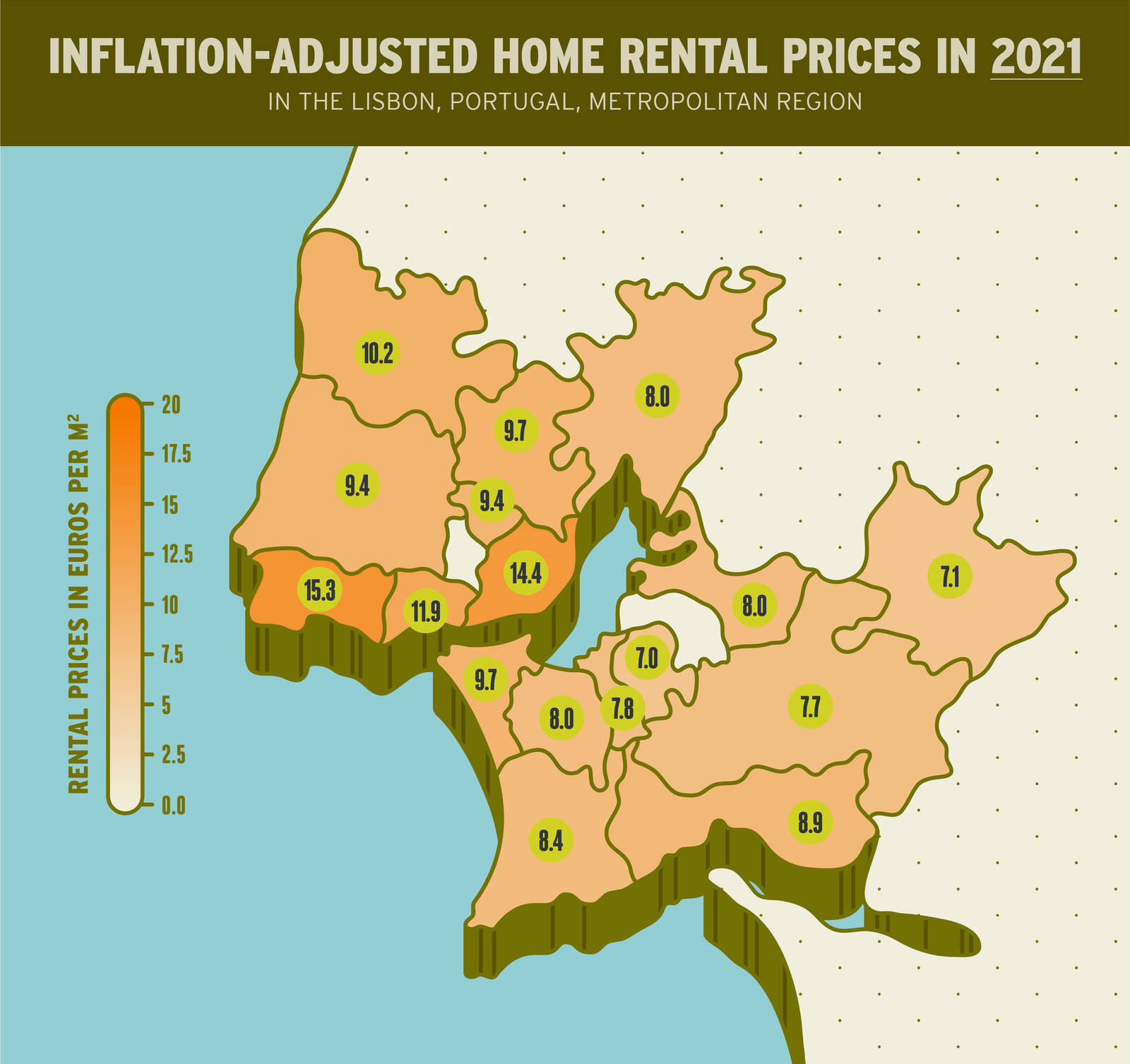 Infographic showing the inflation-adjusted cost per square meter of rental properties in regions of metropolitan Lisbon, Portugual, in 2021.