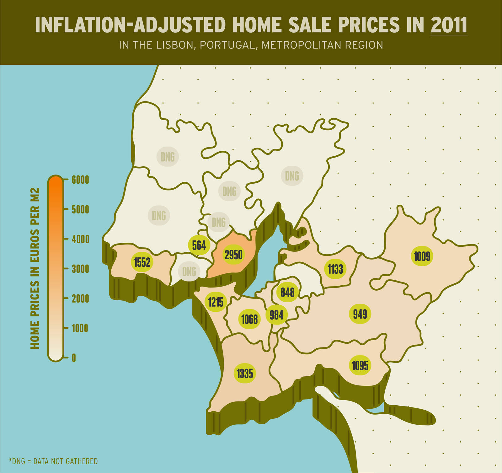 Infographic showing the inflation-adjusted home sale prices in regions of metropolitan Lisbon, Portugual, in 2011.