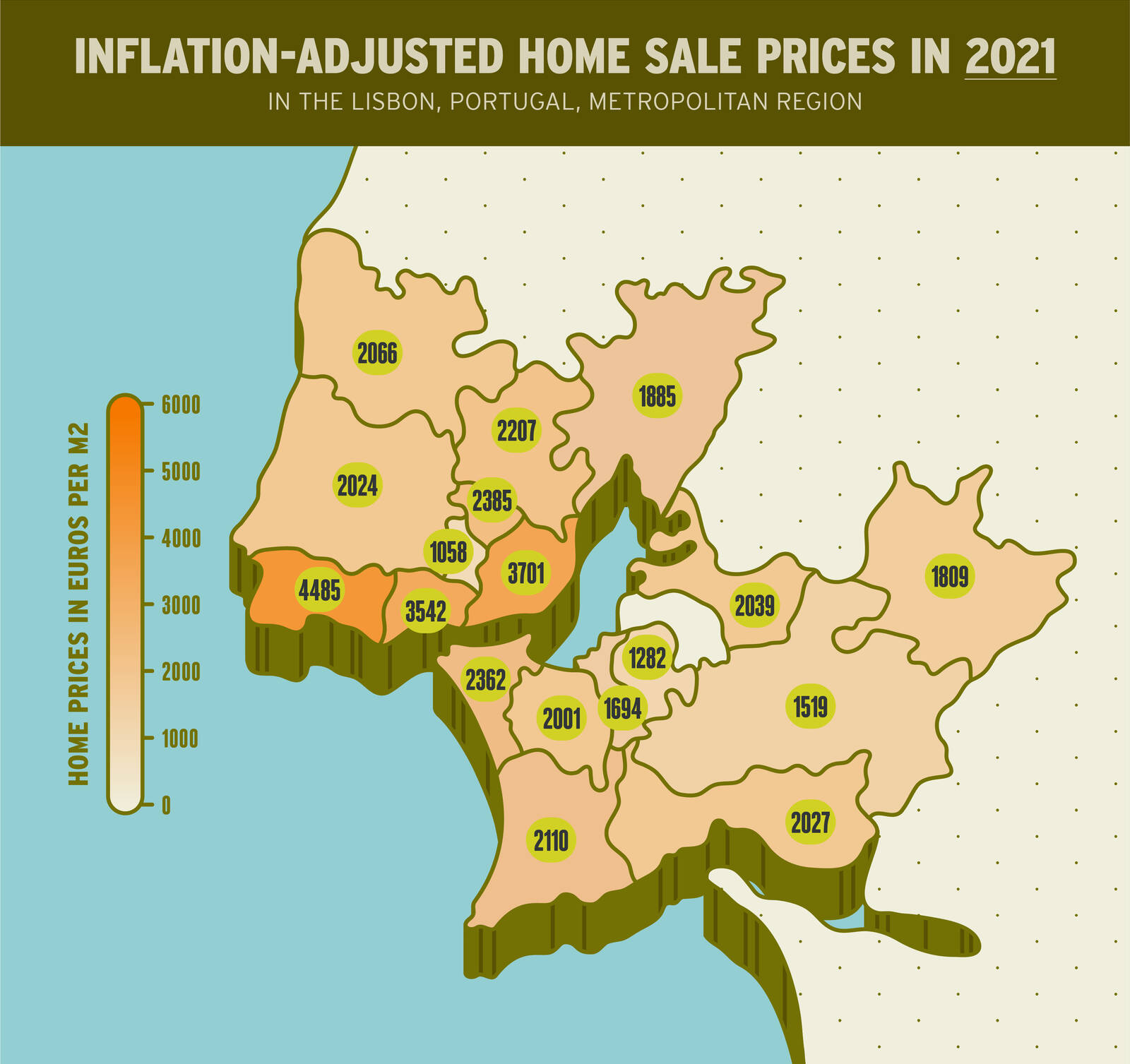 Infographic showing the inflation-adjusted home sale prices in regions of metropolitan Lisbon, Portugual, in 2021.