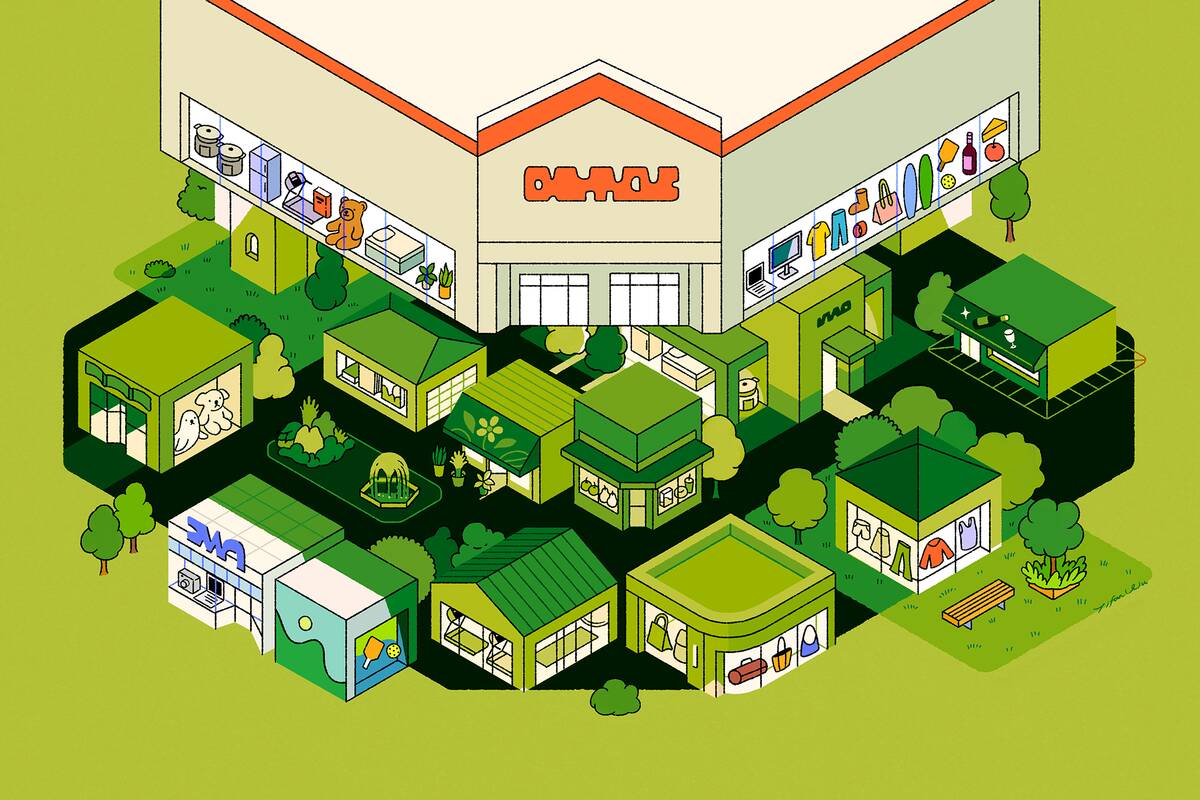 Illustration of a large box store descending on a cluster of smaller shops.