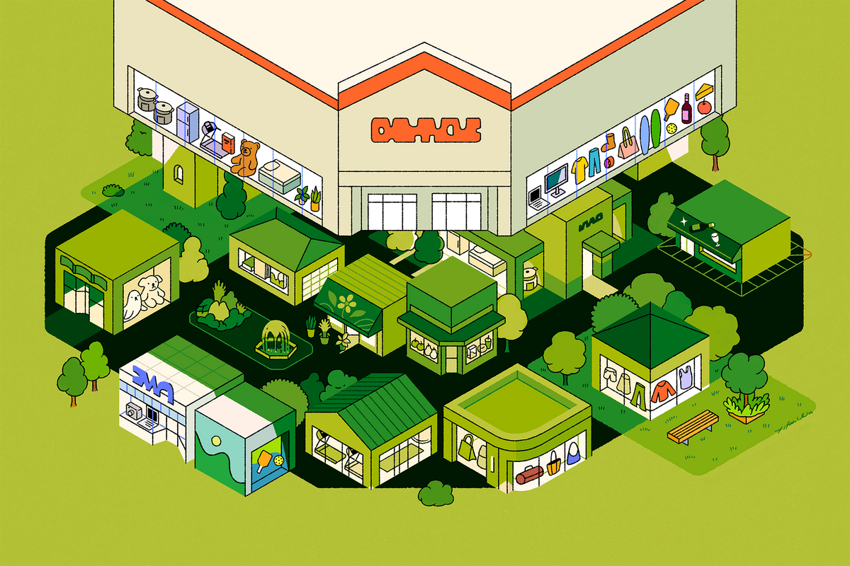 Illustration of a large box store descending on a cluster of smaller shops.
