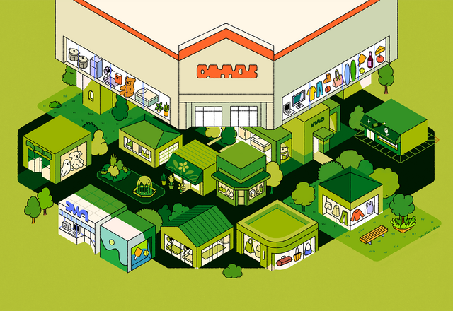 Illustration of a large box store descending on a cluster of smaller shops.