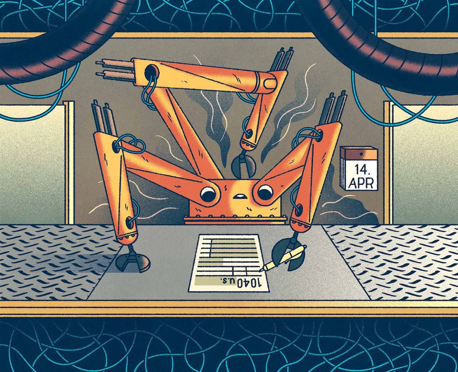 A robot fills out a tax form.