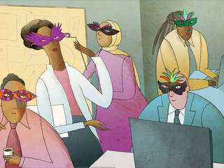 group of employees wearing mardi gras masks in office.