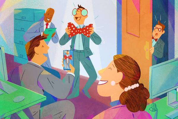illustration of person in office wearing oversized bowtie to satirize fellow employee, who looks on from around a wall.