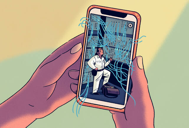 illustration of hands holding phone with handyman inside holding pliers and adjusting wires.