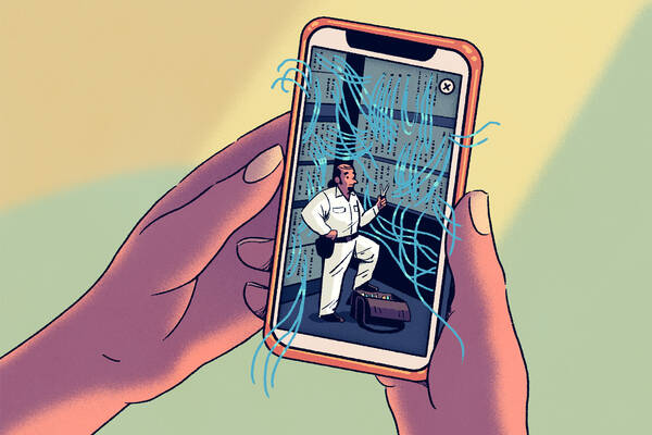 illustration of hands holding phone with handyman inside holding pliers and adjusting wires.