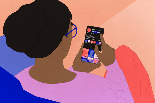 person looking at social media app on phone, with hand hovering over "follow back" button.