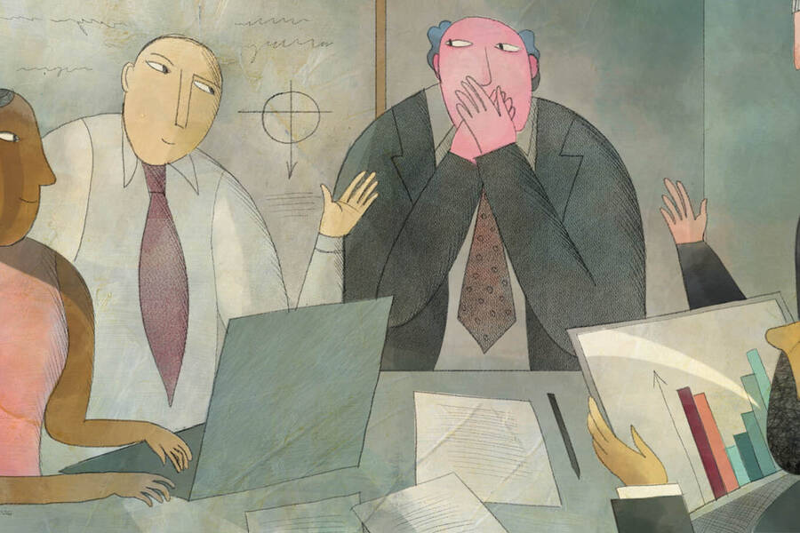 illustration of team in strategy meeting with boss holding hands over his mouth.