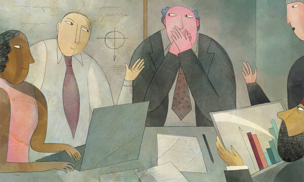 illustration of team in strategy meeting with boss holding hands over his mouth.