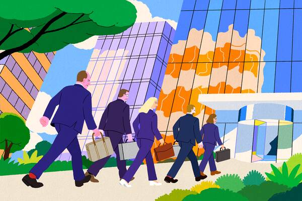 illustration of five FTC/DOJ lawyers approaching the entrance to a glass skyscraper.