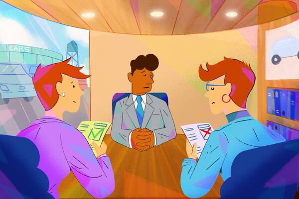 twins at car dealer attempting to get car loans.