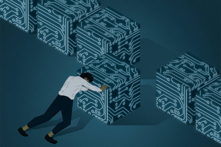 A financier moves a block into a blockchain.