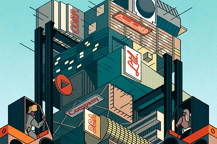 Workers stack companies with a forklift.