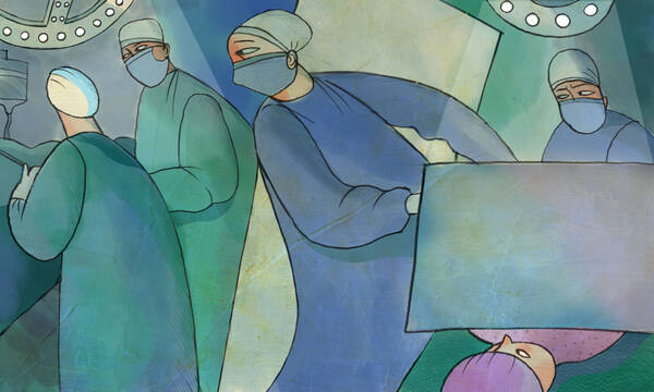 illustration of delivery room where one doctor is looking around a screen at another.
