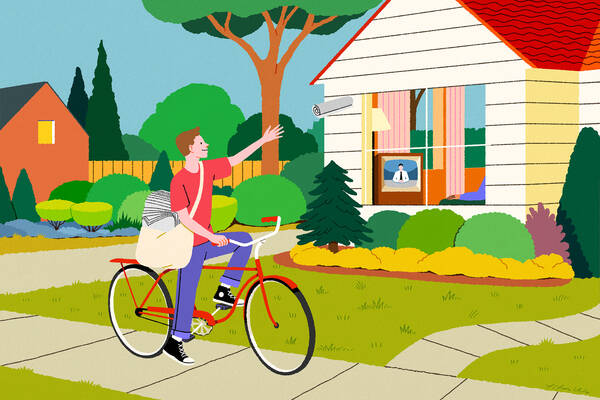 Illustration of paper delivery boy on bicycle tossing newspaper onto porch