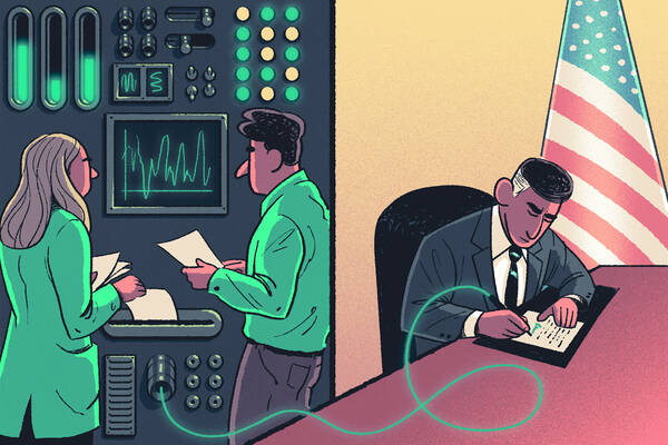 data scientists feed a computer which has a wire to the pen of a politician signing a bill.