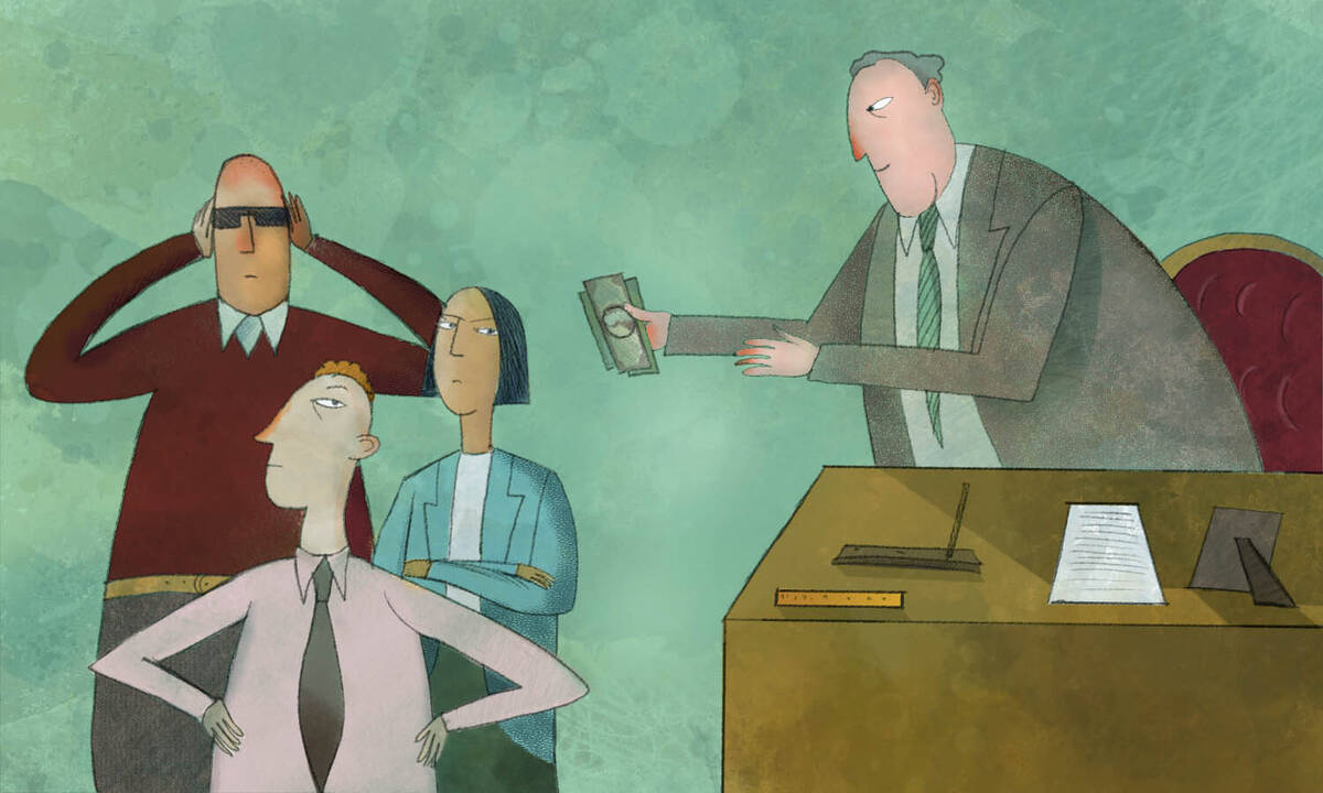 illustration of boss trying to incentivize disinterested workers with cash