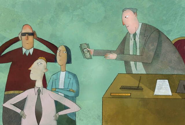illustration of boss trying to incentivize disinterested workers with cash