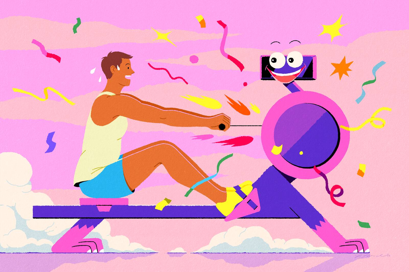 illustration of person rowing on anthropomorphic exercise machine
