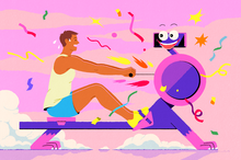 illustration of person rowing on anthropomorphic exercise machine