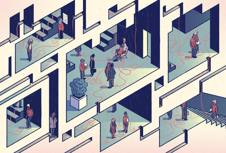 illustration of an office building with one person knitting sweaters that connect other employees