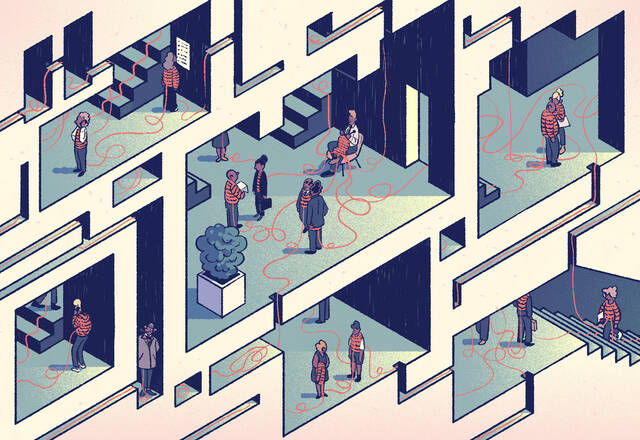 illustration of an office building with one person knitting sweaters that connect other employees
