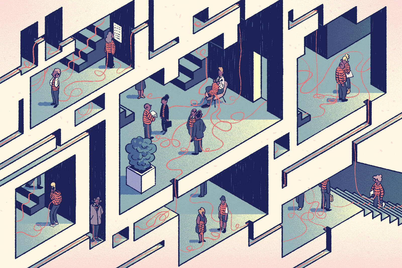 illustration of an office building with one person knitting sweaters that connect other employees